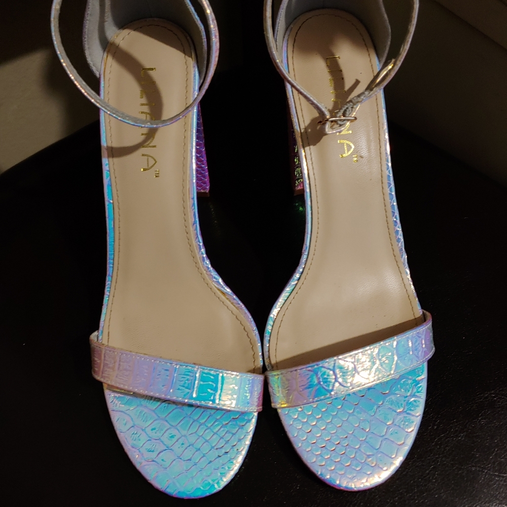 Holographic Ankle Strap Chunky Heal